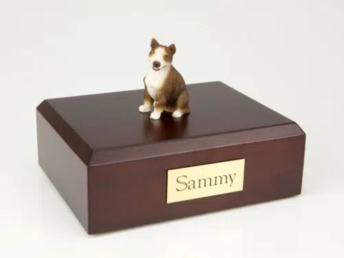 Bull Terrier figurine cremation urn w/wood box