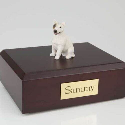 Bull Terrier white figurine cremation urn w/wood box