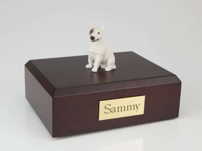 Bull Terrier white figurine cremation urn w/wood box