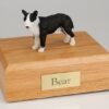 Bull Terrier brindle/white figurine cremation urn w/wood box