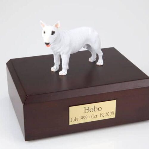 Bull Terrier white figurine cremation urn w/wood box