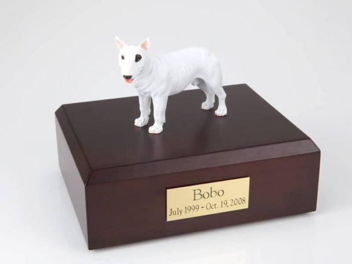 Bull Terrier white figurine cremation urn w/wood box