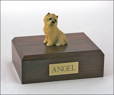 Tan Cairn Terrier figurine cremation urn w/wood box