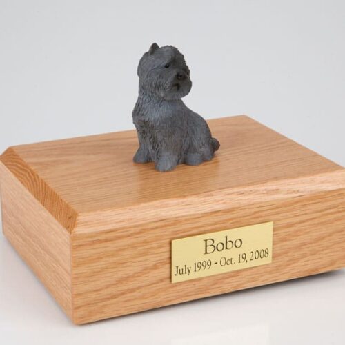 Black Cairn Terrier figurine cremation urn w/wood box