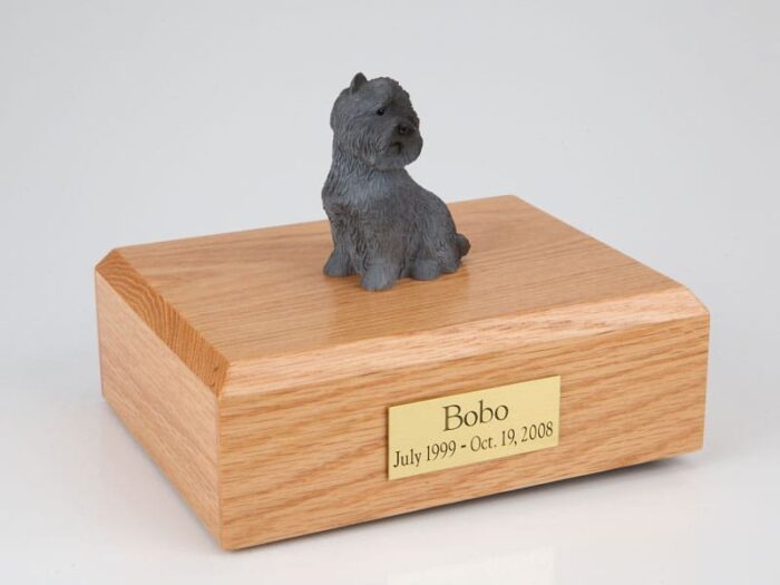 Black Cairn Terrier figurine cremation urn w/wood box