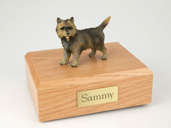 Brindle Cairn Terrier figurine cremation urn w/wood box