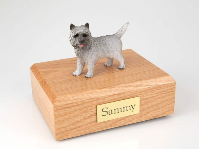 Gray Cairn Terrier figurine cremation urn w/wood box