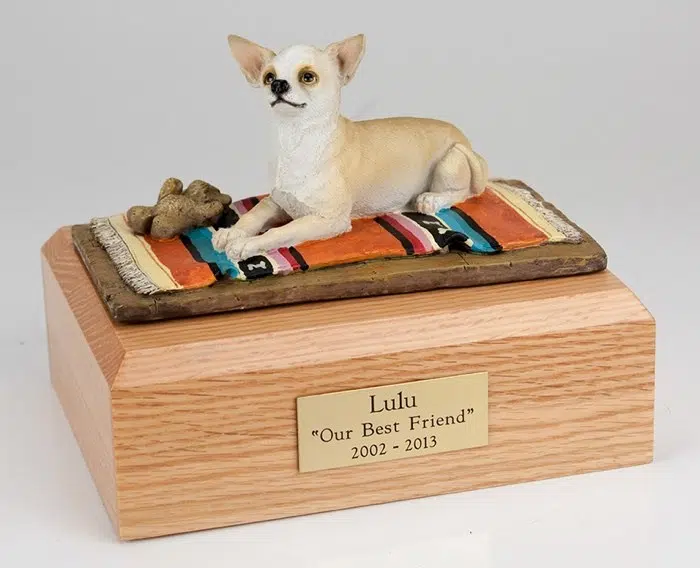 Chihuahua figurine cremation urn w/wood box