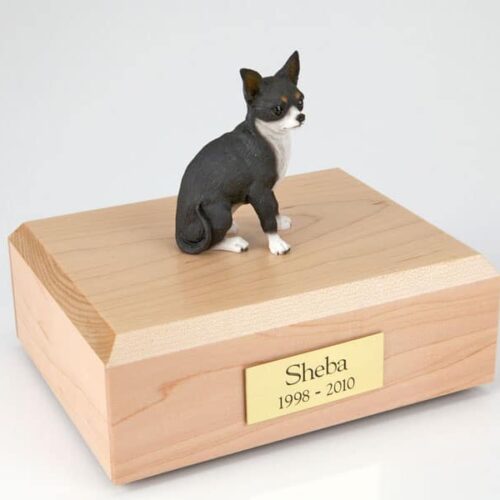 Chihuahua figurine cremation urn w/wood box