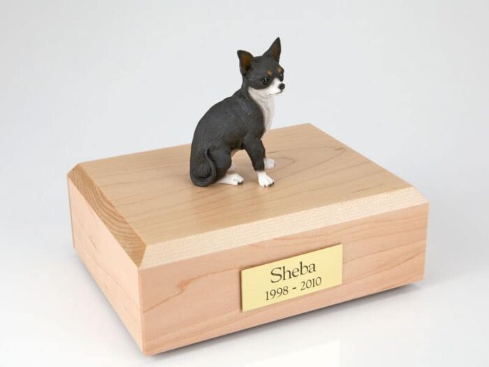 Chihuahua figurine cremation urn w/wood box