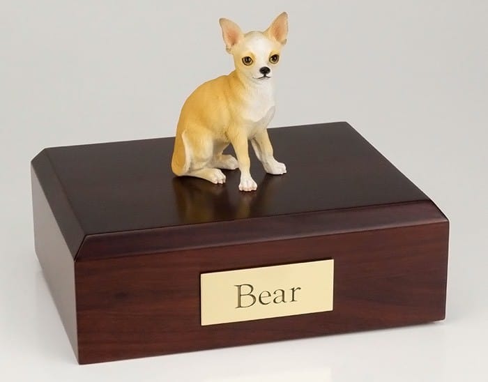 Tan Chihuahua figurine cremation urn w/wood box