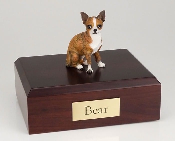 Chihuahua figurine cremation urn w/wood box