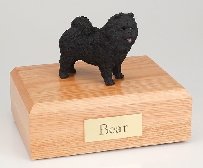 Black Chow Chow figurine cremation urn w/wood box