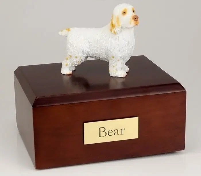 Slumber Spaniel figurine cremation urn w/wood box