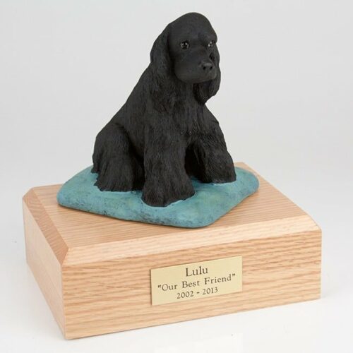 Black Cocker Spaniel figurine cremation urn w/wood box