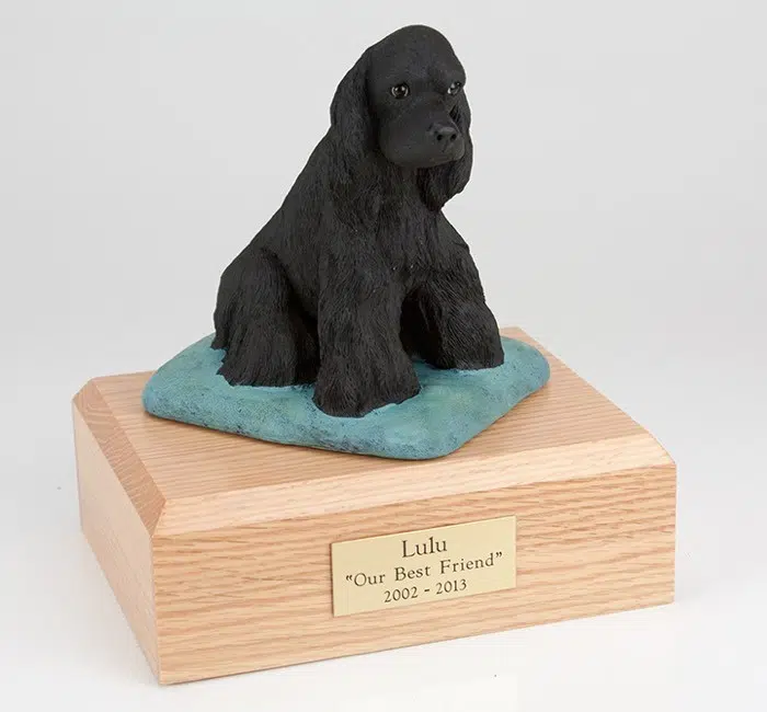 Black Cocker Spaniel figurine cremation urn w/wood box