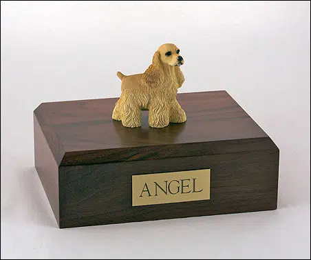 Buff Cocker Spaniel figurine cremation urn w/wood box