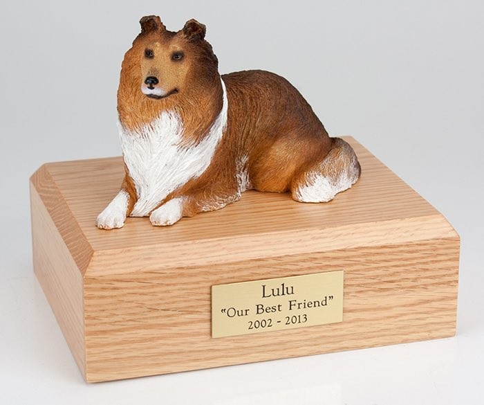 Collie figurine cremation urn w/wood box