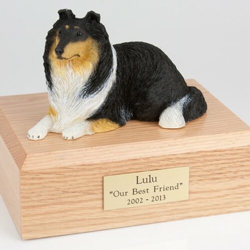 Collie figurine cremation urn w/wood box