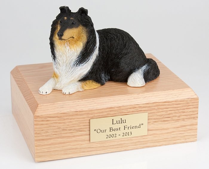 Collie figurine cremation urn w/wood box