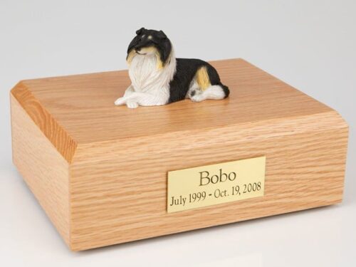 Collie figurine cremation urn w/wood box