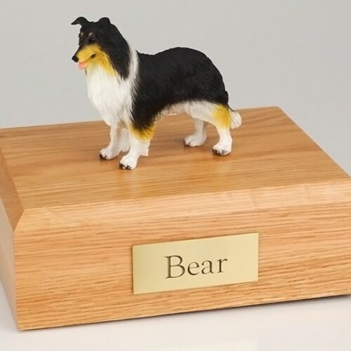 Collie figurine cremation urn w/wood box