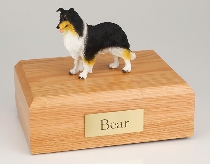 Collie figurine cremation urn w/wood box