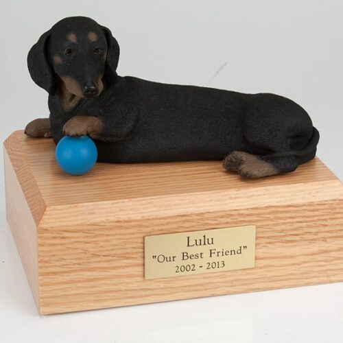 Black Dachshund figurine cremation urn w/wood box