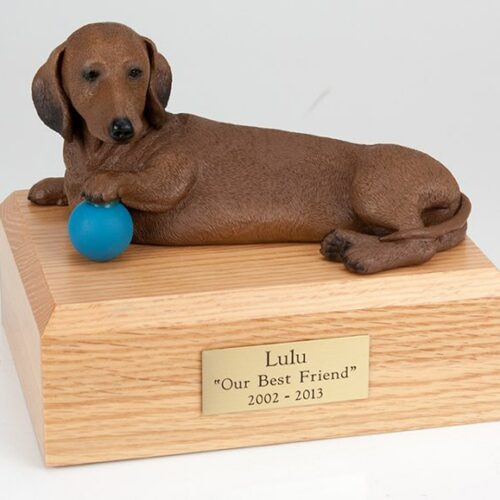 Red Dachshund figurine cremation urn w/wood box