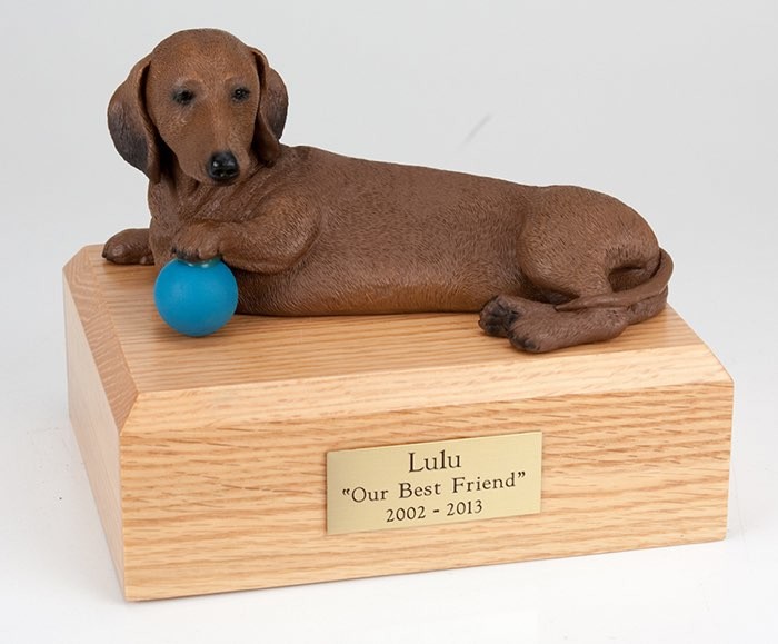 Red Dachshund figurine cremation urn w/wood box