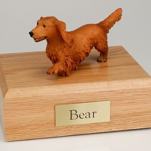 Walking Dachshund figurine cremation urn w/wood box