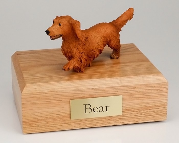 Walking Dachshund figurine cremation urn w/wood box