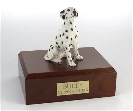 Dalmatian figurine cremation urn w/wood box