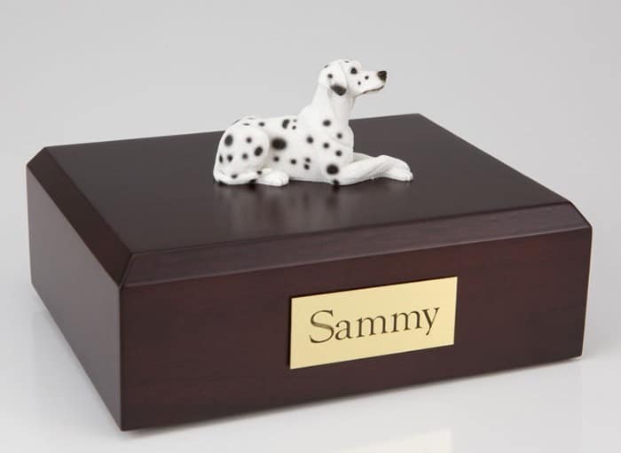 Dalmatian figurine cremation urn w/wood box