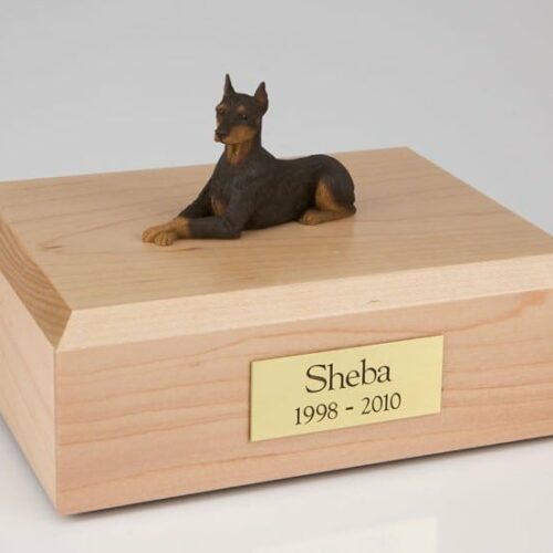 Doberman figurine cremation urn w/wood box