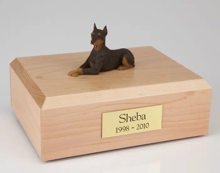 Doberman figurine cremation urn w/wood box