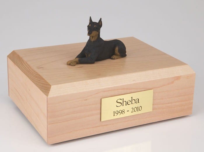 Doberman figurine cremation urn w/wood box