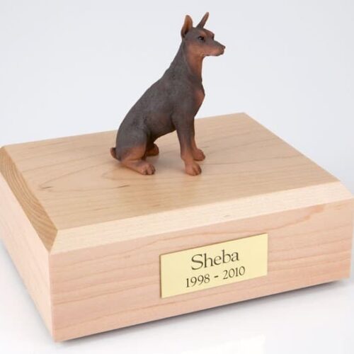 Doberman figurine cremation urn w/wood box