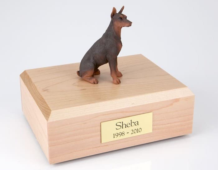 Doberman figurine cremation urn w/wood box