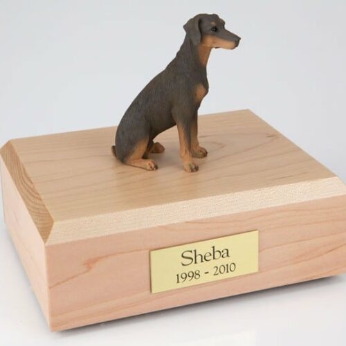 Doberman figurine cremation urn w/wood box