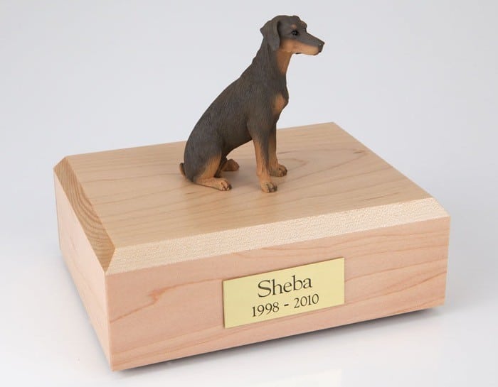 Doberman figurine cremation urn w/wood box