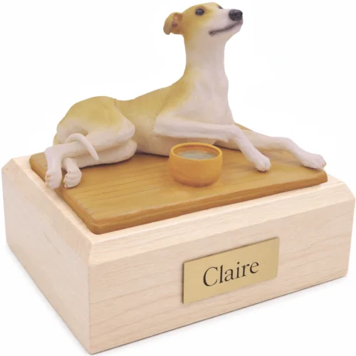 Memorial cremation urn with laying tan Greyhound dog figurine, maple finish