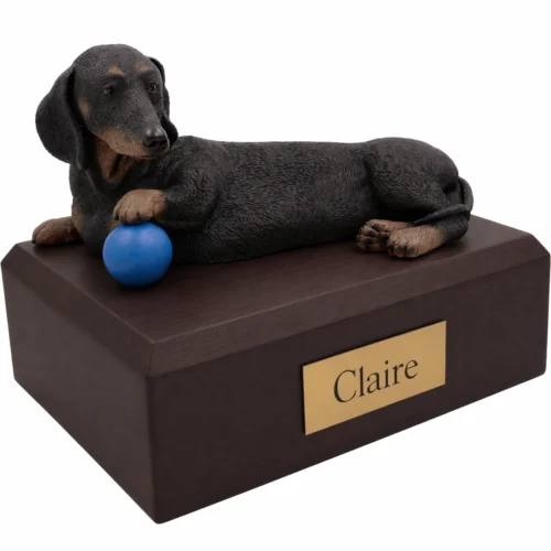 Memorial cremation urn with laying Black Dachshund with blue ball dog figurine, walnut finish