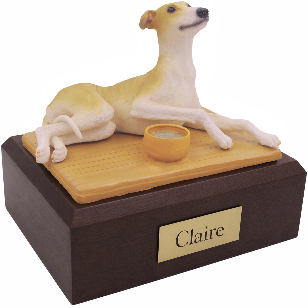 Memorial cremation urn with laying tan Greyhound dog figurine, walnut finish