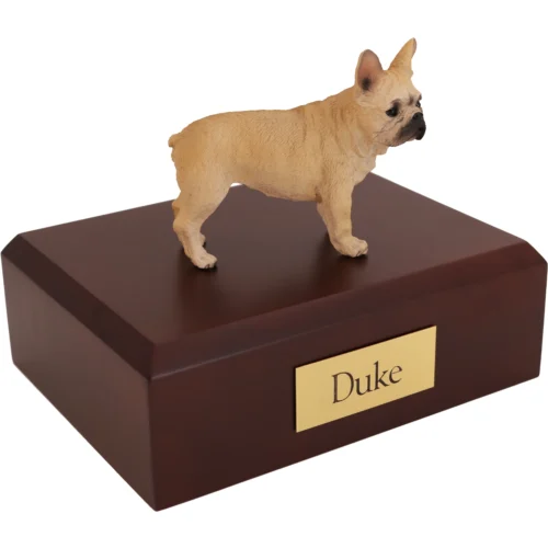 Memorial cremation walnut finish urn with standing fawn french bulldog dog figurine