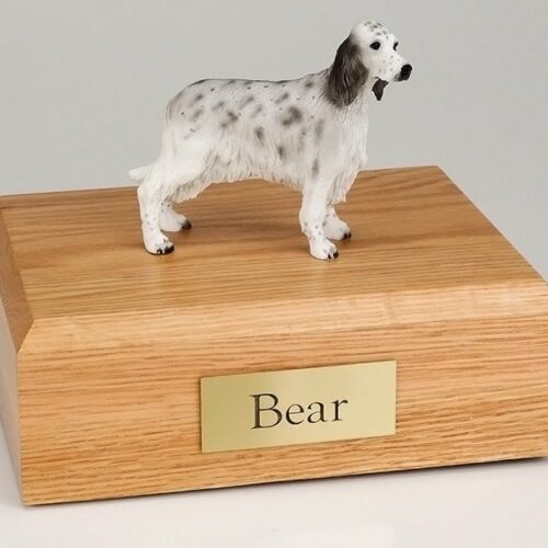 English Setter figurine cremation urn w/wood box