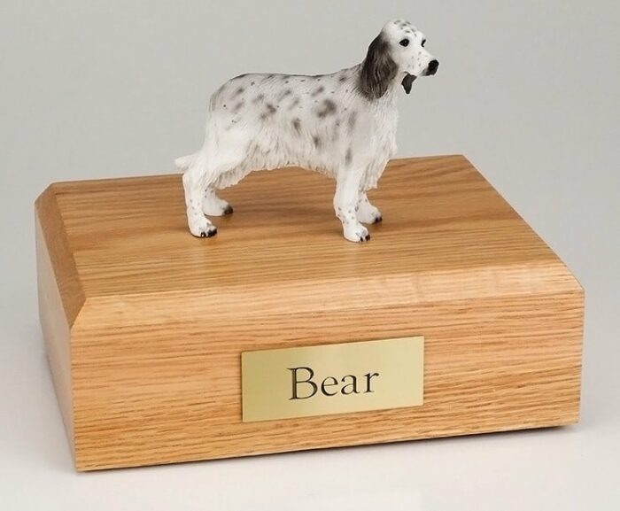 English Setter figurine cremation urn w/wood box