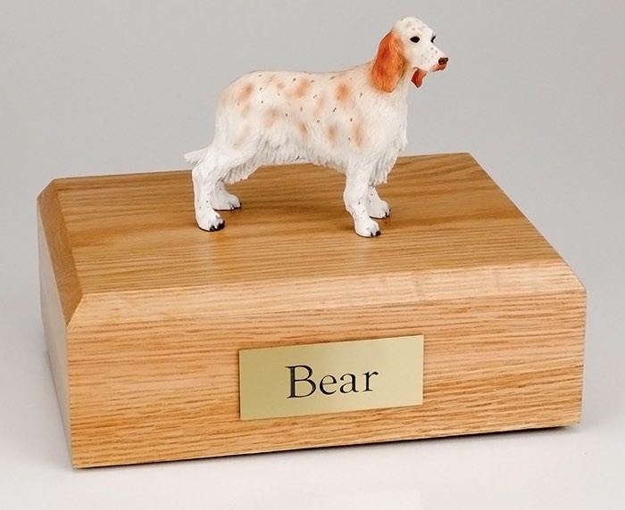 Orange Belton English Setter figurine cremation urn w/wood box