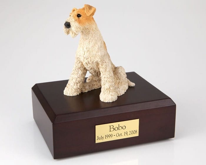 Fox Terrier cremation figurine urn w/wooden storage box