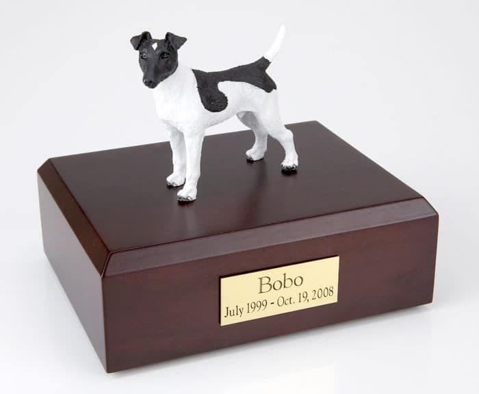 Fox Terrier figurine cremation urn w/wood box